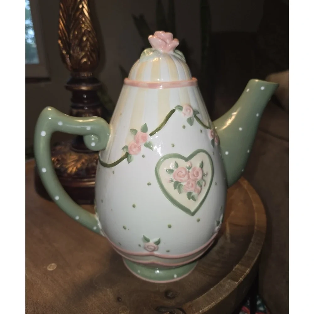 Karla Dornacher Giftcraft Rose Floral Teapot Pink Green Polka Dot Ceramic